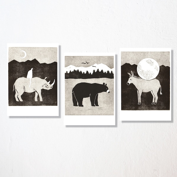 Postkarten 3er Set “baer, esel, nashorn”