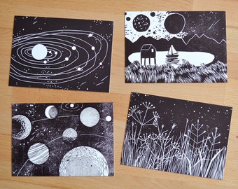 Postcard set of 4 "stars and planets"