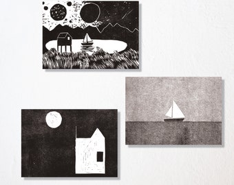 Postcard set of 3 "house and boat"