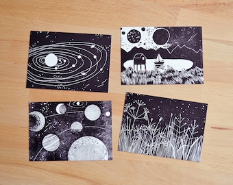 Postcard set of 4 "stars and planets"