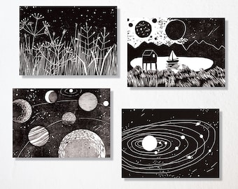 Lot de 4 cartes postales « étoiles et planètes »