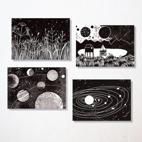 postcards set of 4 · stars and planets · Din A6 · original artist cards · illustration · postcard collection · art · space · solar system