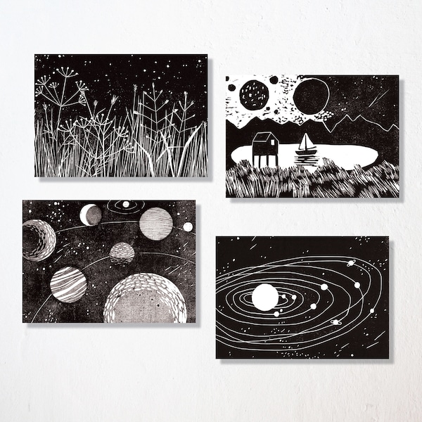 Postcard set of 4 "stars and planets"