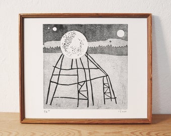 moon construction · original linocut · limited edition