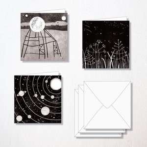 Set di 3 biglietti d'auguri "stelle e pianeti" con busta · quadrato · biglietti pieghevoli · buoni regalo