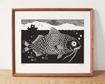 beardfish · original linocut · limited edition