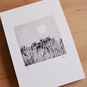 May include: A square black and white ink drawing on white paper featuring a field of tall grass under a circular sun. The artwork includes the handwritten text Pk '20 in the bottom left corner and the edition number 1/100 in the bottom right corner.