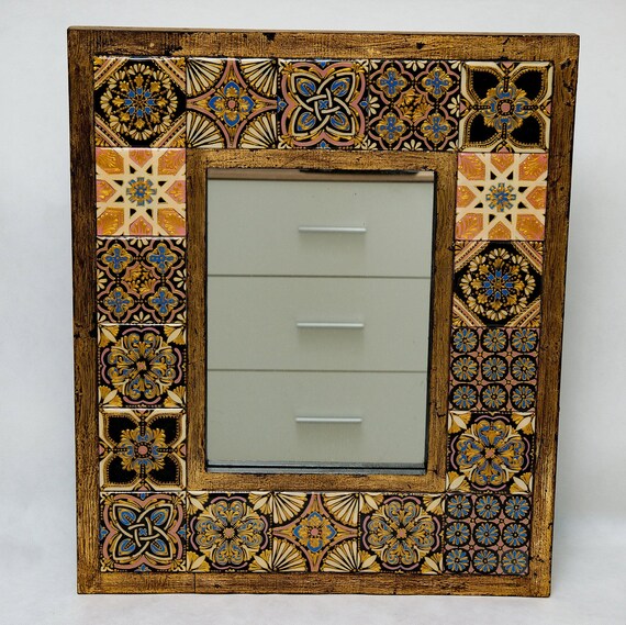 Hanging Gold Wall Mirror Tile Frame Handmade Mirror For Living Room Modern Decorative Wall Mirrors Rectangle Big Mirror Moroccan