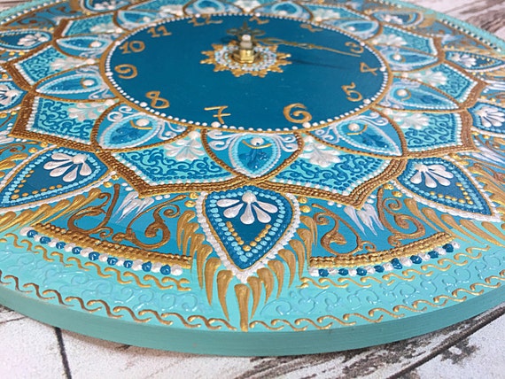 turquoise unique handmade wall clock , wooden modern mandala clock for wall , personalized large wood clock , silent round oversized clock