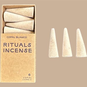 May include: A box of six Copal Blanco incense cones. The box is brown with white text that reads "Copal Blanco" and "Rituals Incense". The box also has a label that says "6 Copal Cones". Three white incense cones are shown outside of the box.