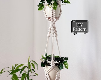 Double Macrame Plant Hanger Pattern PDF, Hanging Planter DIY, Indoor Plant Holder Macrame Tutorial, Boho Plant Decor