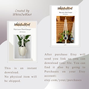 May include: A digital download for a macrame plant hanger DIY pattern. The image shows two versions of the finished product, one with a white plant hanger and a green plant, and the other with a white plant hanger and a green plant in a wooden room.