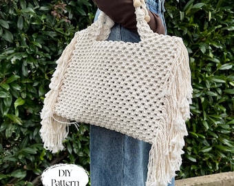 Patrón PDF para bolso de macramé, bolso bohemio de macramé DIY, patrón de bolso, tutorial para bolso de compras de macramé, cómo hacer un bolso de macramé