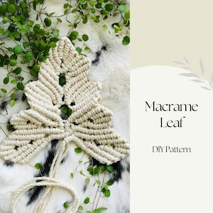 May include: A white macrame leaf wall hanging with a DIY pattern. The leaf is made with a knotting technique and has a natural, organic look.