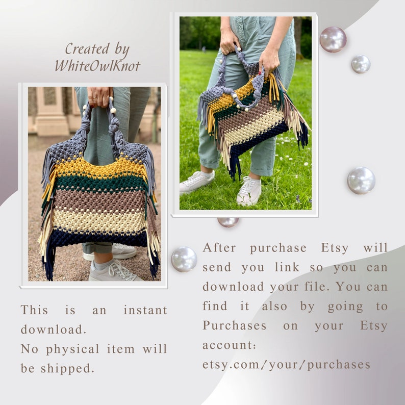 PDF Pattern Macrame Bag, DIY Macrame Boho Purse, Handbag Pattern, Macrame Shopping Bag Tutorial, How to Macrame Bag image 10