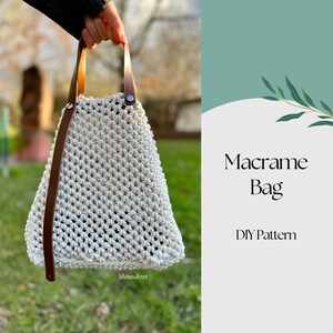 Sac fourre-tout en macramé à la mode avec poignées en cuir, motif DIY | Modèle de sac à main d’été| Fourre-tout de mode Boho | Modèle PDF avec tutoriel vidéo