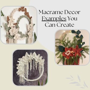 Puede incluir: Tres tapices de macram&eacute; de pared con un dise&ntilde;o floral. El primero es una corona con hojas marrones y verdes y flores blancas. El segundo es un semic&iacute;rculo con flores blancas y un borde de cuentas. El tercero es una corona con flores rojas y hojas verdes.