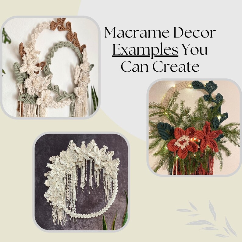 Puede incluir: Tres tapices de macram&eacute; de pared con un dise&ntilde;o floral. El primero es una corona con hojas marrones y verdes y flores blancas. El segundo es un semic&iacute;rculo con flores blancas y un borde de cuentas. El tercero es una corona con flores rojas y hojas verdes.