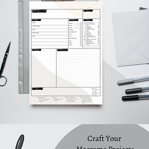 May include: A printable macrame project planner with sections for project name, materials, notes, instructions, and skill level. The planner is designed to help crafters organize their macrame projects.