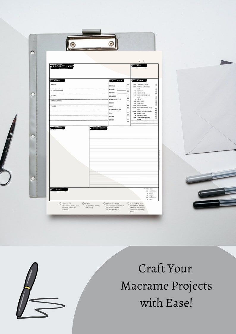 May include: A printable macrame project planner with sections for project name, materials, notes, instructions, and skill level. The planner is designed to help crafters organize their macrame projects.