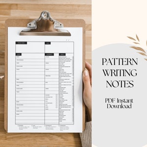 Może przedstawiać: Drukowana lista kontrolna do zapisywania notatek dotyczących wzorów na tablicy. Lista kontrolna zawiera sekcje dotyczące tkaniny, dodatków i notatek. Tekst "PATTERN WRITING NOTES" jest wyświetlany czarnym kolorem na białym tle.