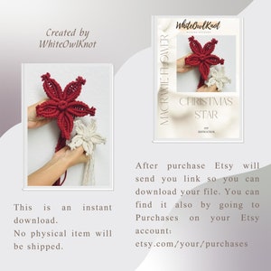 Puede incluir: Una estrella de Navidad de macram&eacute; roja y blanca con el texto "Macrame Flower" y "Christmas Star" en la imagen. El texto "WhiteOwlKnot" tambi&eacute;n est&aacute; en la imagen.