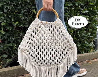 Modello per borsa in macramè fai da te - Crea la tua borsa a rete fatta a mano in stile boho chic. Scarica subito il modello in PDF per la borsa in macramè.