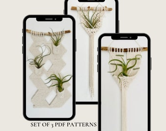 SET de 3 patrones PDF de planta Macrame Air, patrón colgante de pared Macrame, instrucciones de bricolaje para decoración del hogar, terrario de plantas de aire, idea de regalo para amantes de las plantas