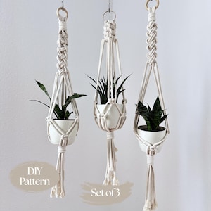 Könnte beinhalten: Drei Makramee-Pflanzenaufhänger mit weißen Keramiktöpfen, die jeweils eine grüne Pflanze enthalten. Die Aufhänger sind an Metallringen aufgehängt. Der Text "DIY Pattern" und "Set of 3" sind sichtbar.