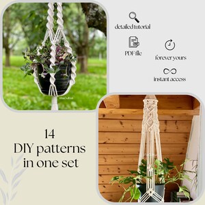 May include: A set of 14 DIY macrame plant hanger patterns. The patterns are available as a PDF download with instant access. The image shows two examples of macrame plant hangers, one with a green plant and one with a purple plant.