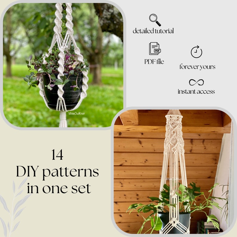May include: A set of 14 DIY macrame plant hanger patterns. The patterns are available as a PDF download with instant access. The image shows two examples of macrame plant hangers, one with a green plant and one with a purple plant.