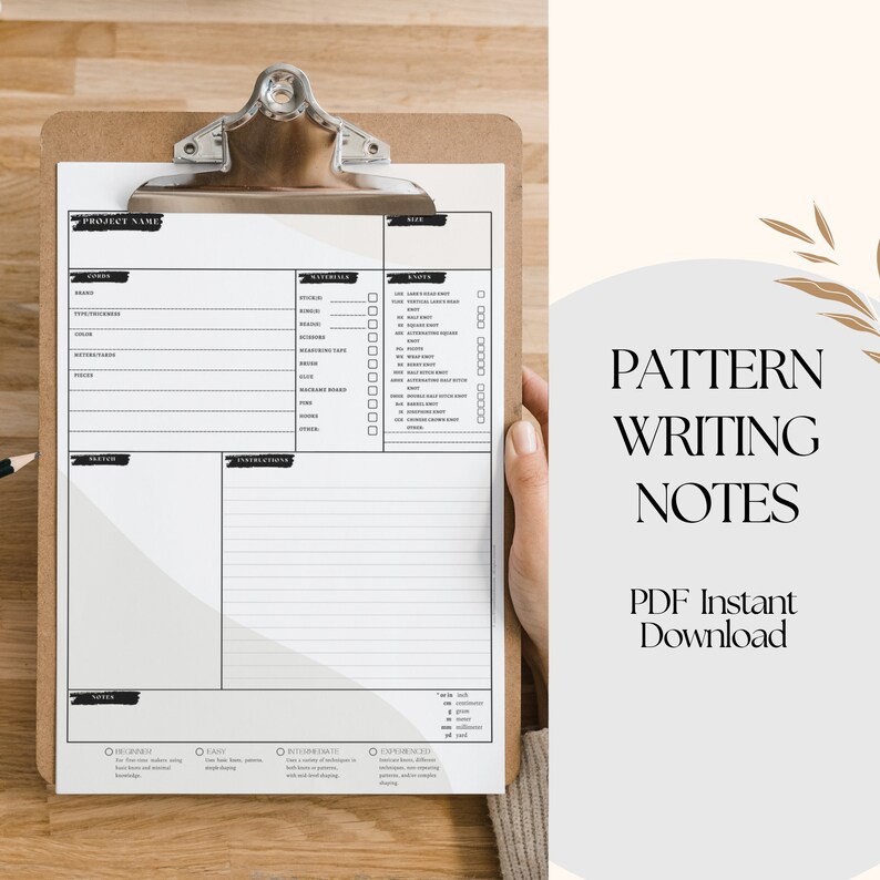 May include: A printable pattern writing notes checklist on a clipboard. The checklist includes sections for project name, size, materials, notes, and instructions. The checklist is designed to help pattern writers organize their thoughts and ideas.