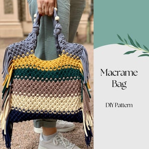 Bolsa macrame com padrão PDF, bolsa boho macrame DIY, padrão de bolsa, tutorial de bolsa de compras macrame, como fazer bolsa macrame