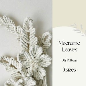May include: A white macrame leaf wall hanging with three different sizes. The DIY pattern includes instructions for making the leaves.