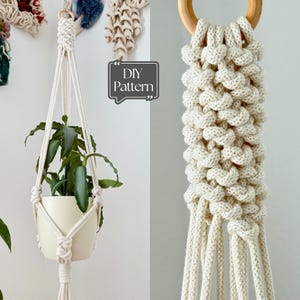 May include: A macrame plant hanger made of off-white cotton cord featuring a wooden ring at the top and a complex knotted design holding a cream-colored ceramic pot with a green plant. A black speech bubble graphic contains the text DIY Pattern.