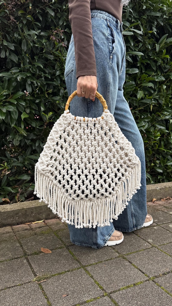 Sac Fourre-tout En Macramé Filet Blanc - Coton - Fait Main - Pour Femme