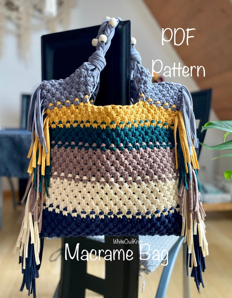 PDF Pattern Macrame Bag, DIY Macrame Boho Purse, Handbag Pattern, Macrame Shopping Bag Tutorial, How to Macrame Bag image 5