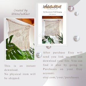 May include: A digital download pattern for a large macrame wall hanging. The pattern is for a DIY project and features a white macrame wall hanging with a wave design. The text "WhiteOwlKnot" is visible in the image.