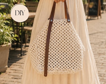 Patrón para bolso tote de macramé a la moda con asas de cuero | Patrón para bolso de verano | Bolso tote estilo boho | Patrón en PDF con videotutorial