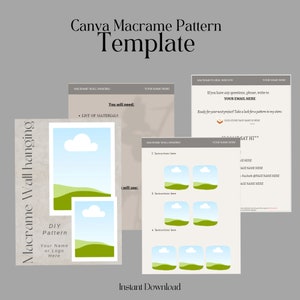 May include: A digital download template for a macrame wall hanging pattern featuring a stylized landscape with green hills and a blue sky with a white cloud. The template includes instructions and a list of materials needed. The text "DIY Pattern" is included in the image.