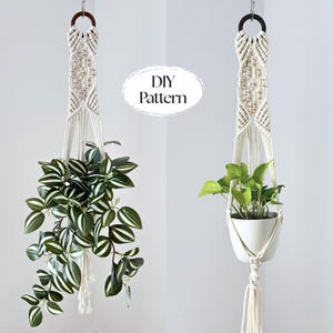 May include: Two macrame plant hangers, one with green and white striped leaves, the other with green leaves. Both have a white pot and a wooden ring at the top. The text "DIY Pattern" is in the centre.