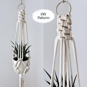 May include: A handmade macrame plant hanger in cream-colored rope, holding a white ceramic pot with a green plant. The design features a woven top section and a tassel at the bottom. The text "DIY Pattern" is in the image.