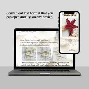Puede incluir: Una descarga digital para un proyecto de artesan&iacute;a de estrella de Navidad de macram&eacute;. La imagen muestra una estrella de macram&eacute; roja y blanca, una pantalla de computadora port&aacute;til con instrucciones y una pantalla de tel&eacute;fono con el t&iacute;tulo del proyecto "Christmas Star".