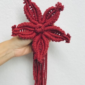 Puede incluir: Una flor de macram&eacute; de color granate con largos hilos que cuelgan. La flor est&aacute; hecha con una t&eacute;cnica de anudado y tiene forma de estrella.