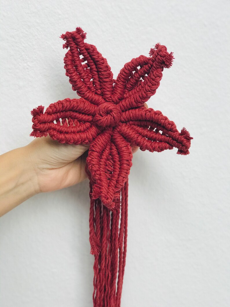 Puede incluir: Una flor de macram&eacute; de color granate con largos hilos que cuelgan. La flor est&aacute; hecha con una t&eacute;cnica de anudado y tiene forma de estrella.