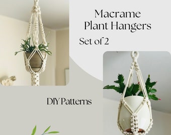 Set of Two Macrame Plant Hanger Pattern, Plants Lover Gift Idea, Eclectic Decor, Fantasy Balcony Decorating Ideas, Potted Plants Hangers