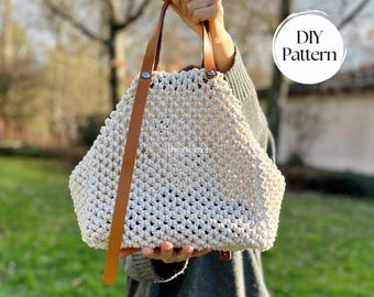 Borsa tote in macramè alla moda con manici in pelle, modello fai da te | Modello per borsa estiva | Borsa tote alla moda Boho | Modello PDF con tutorial video