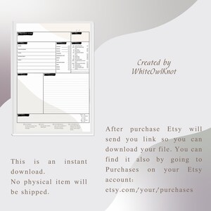 May include: A black and white printable project planner with sections for project name, tasks, deadlines, notes, and a checklist. The text "Created by WhiteOwlKnot" is at the bottom right of the page.