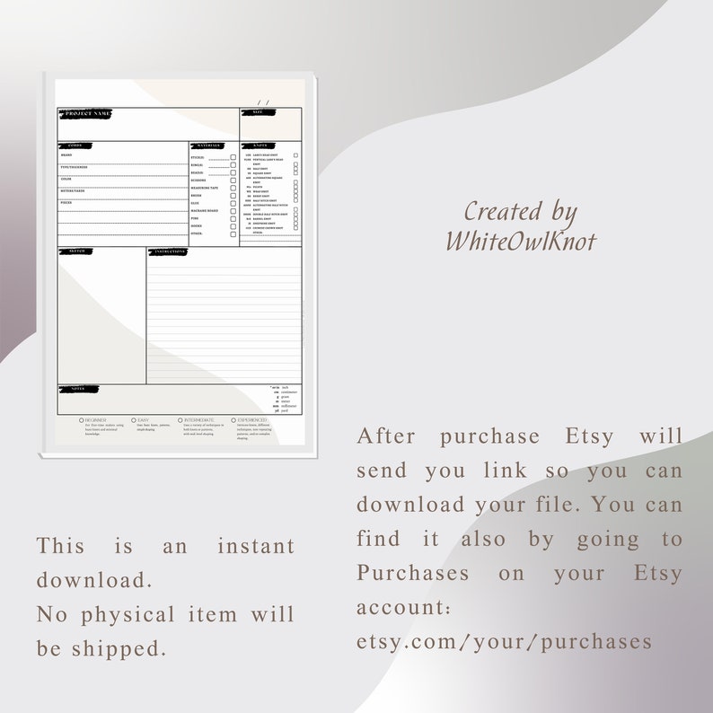 May include: A black and white printable project planner with sections for project name, tasks, deadlines, notes, and a checklist. The text "Created by WhiteOwlKnot" is at the bottom right of the page.