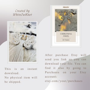 Macramé Christmas angel DIY pattern preview with two images of the angel ornament and text explaining that the product is an instant digital download with no physical item shipped.